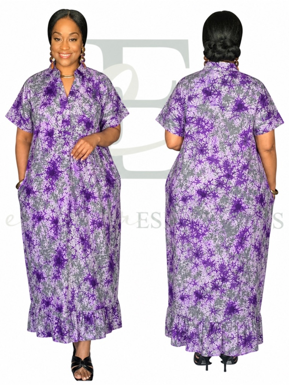 Purple & Gray Tie-Dye Ankara Boubou Dress | One Size (M–XXL)